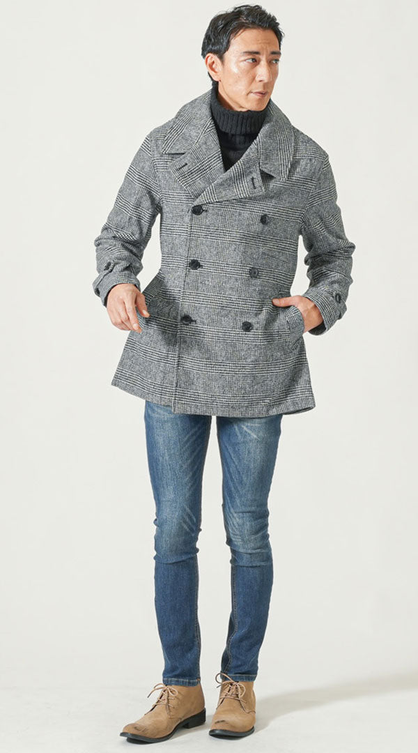 グレンチェックベルト付Pコート 　黒アクリルタートルネックニット　ネイビーテーパードストレッチデニムパンツ　ベージュブーツ　snp_qd0257