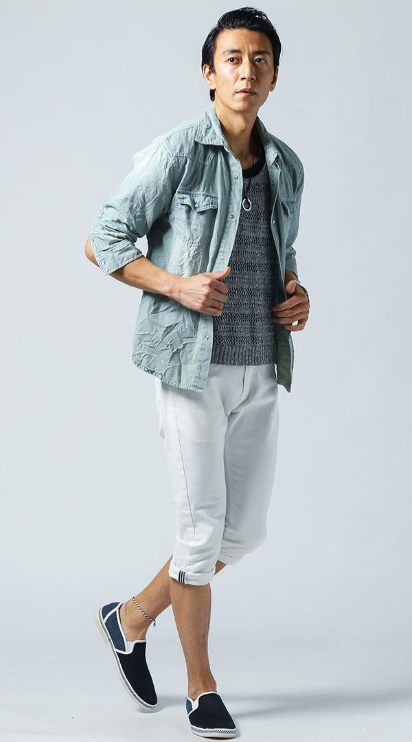 サックスブルー七分袖デニムシャツ グレー七分袖ニットソー ホワイト