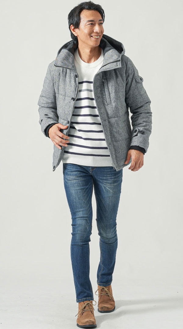 メンズにおすすめのウールダウンジャケット休日コーデ（ボーダーニット×デニム）