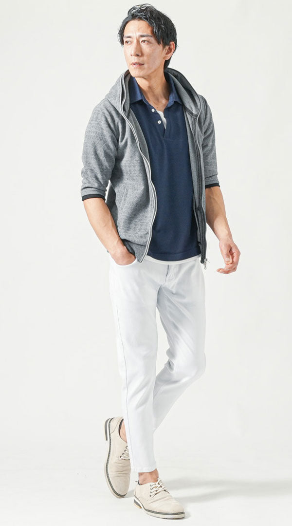 グレージップ五分袖パーカー　ネイビー半袖ポロシャツ　白スキニーテーパードアンクルチノパンツ　グレーシューズ　snp_pq1225