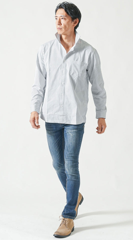 黒ストライプ長袖ホリゾンタルシャツ　ネイビーストレッチデニムパンツ　ベージュブーツ　snp_pz0603