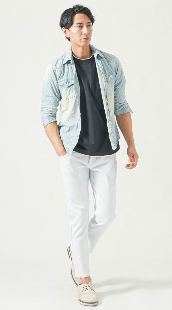 サックスブルー七分袖デニムシャツ　黒半袖クルーネックTシャツ　白スキニーテーパードアンクルチノパンツ　グレーシューズ　snp_pt0283