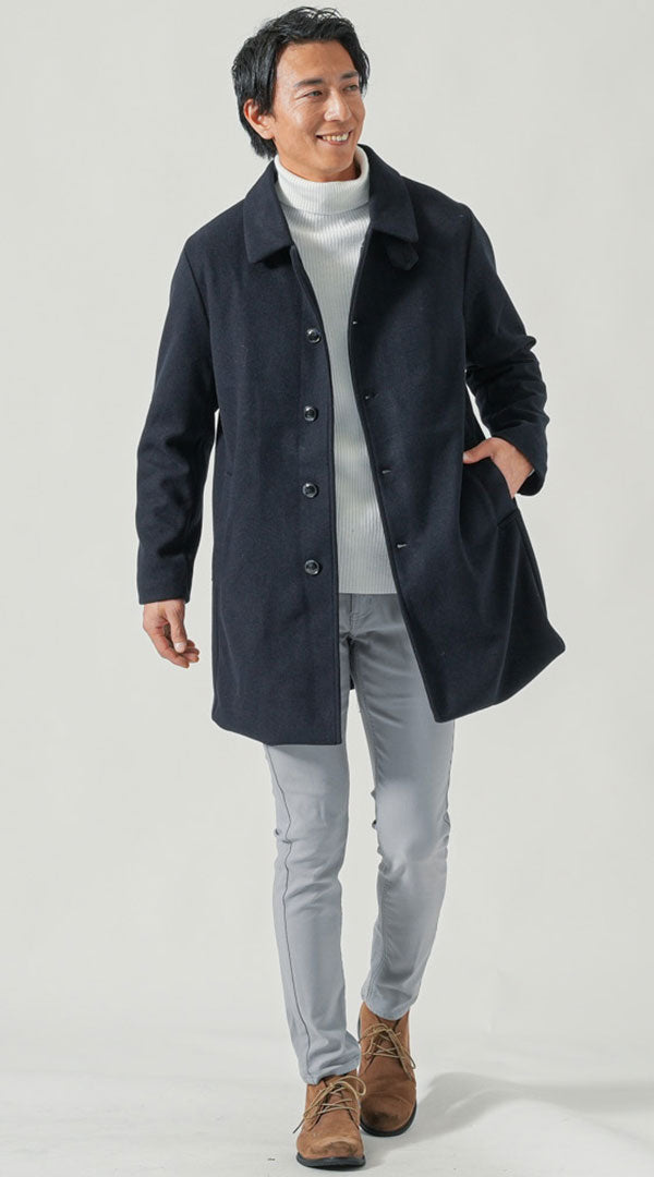 メンズにおすすめの冬のきれいめネイビーコートコーデ｜30代・40代に似合うタートルネック重ね着スタイル