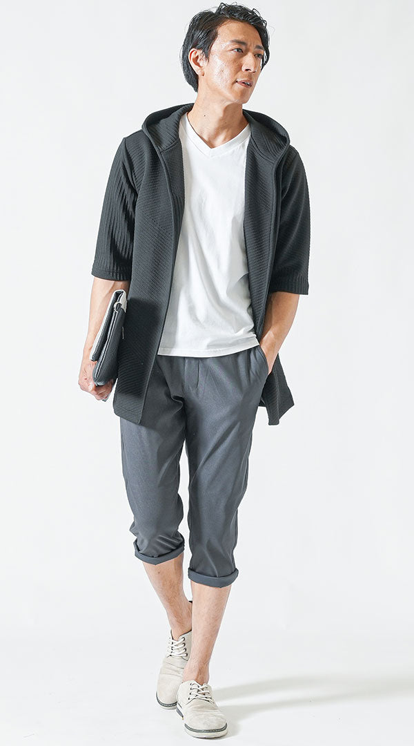 黒フーディガン　白半袖Tシャツ　チャコールクロップドパンツ　snp_nu0767