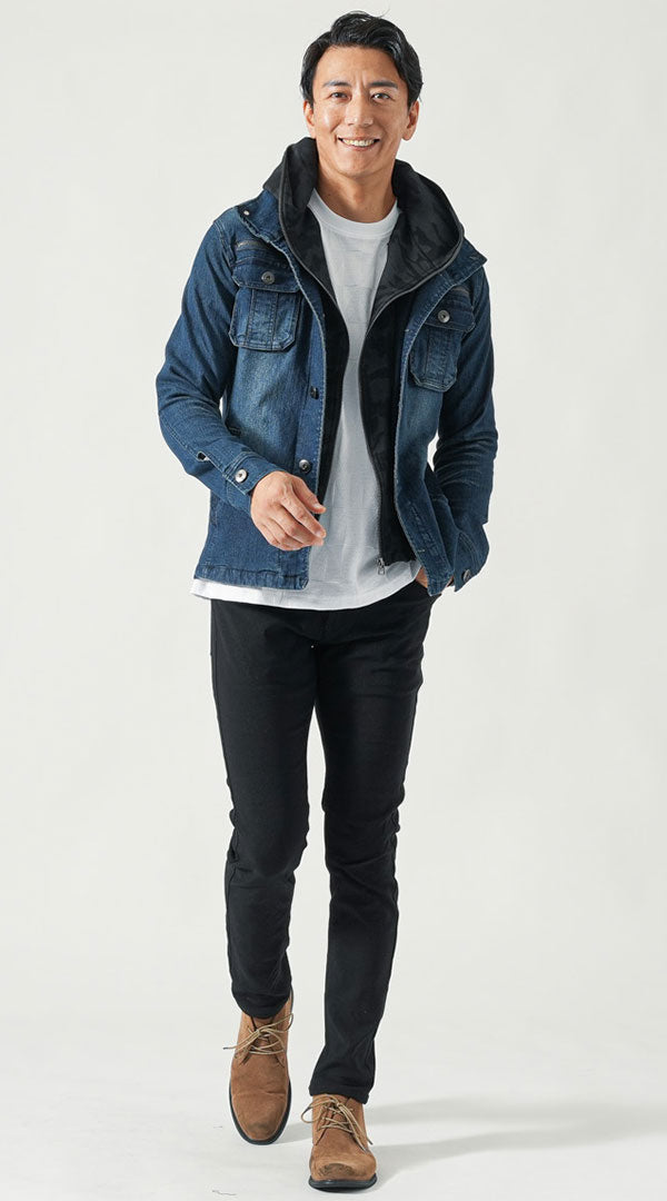 40代メンズにおすすめの黒テーパードパンツとデニムジャケットの体型カバーコーデ