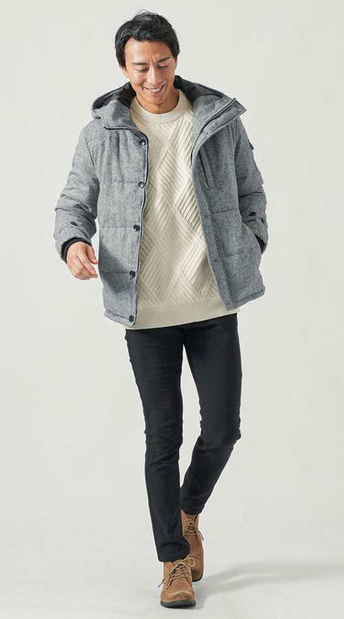 ぽっちゃり体型メンズにおすすめの肩幅の広さを目立たせないグレーダウンジャケットコーデ