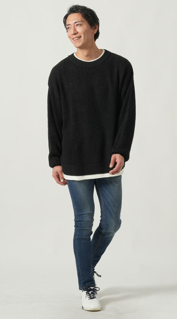 30代メンズ全身3点コーデセット　黒長袖ニットTシャツ×グレー長袖ニットTシャツ×ネイビーデニムパンツ