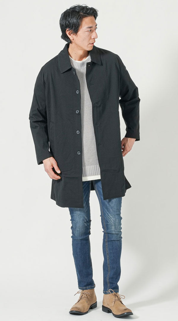 メンズにおすすめの黒ステンカラーコートと細身ジーンズの冬コーデ