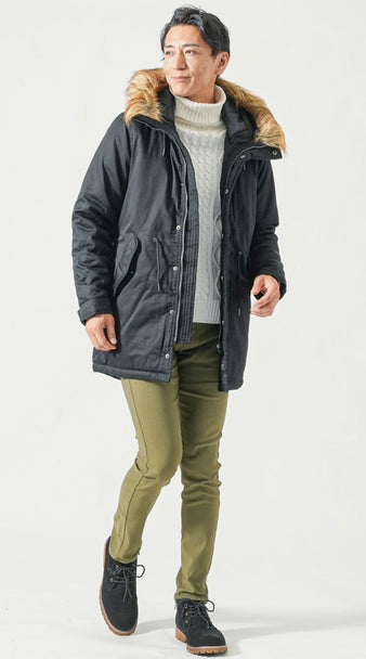 40代メンズにおすすめのモッズコートとタートルネックニットを使った冬の防寒コーデ