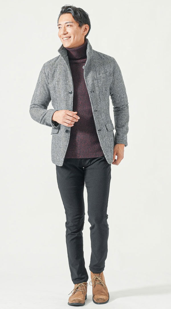 50代メンズにおすすめのグレンチェックジャケットと合わせた黒チノパンコーデ例