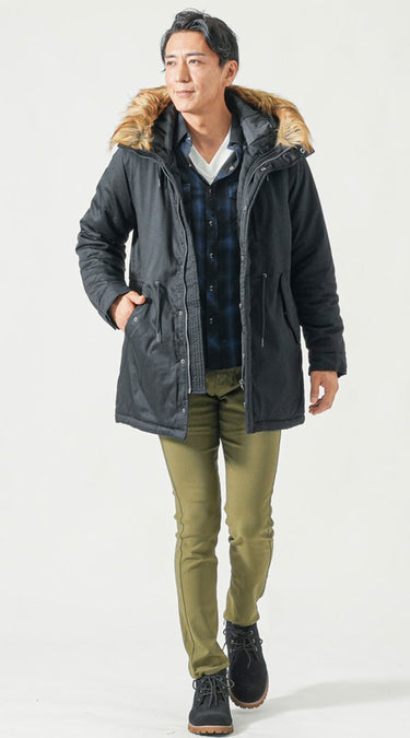 細身チェックシャツときれいめパンツのコーデ例