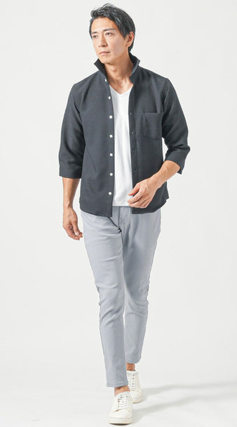 メンズにおすすめの七分袖シャツとアンクル丈パンツを使った秋の体型カバーコーデ