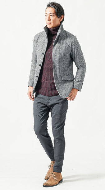 50代メンズ向け冬の流行りパンツコーデ・裏起毛ストレッチパンツとウールジャケットで着膨れを回避したスマートな冬スタイル