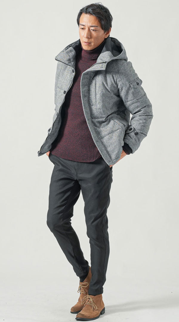 メンズにおすすめのグレージャケットとボルドーニットを使った冬の配色コーディネート