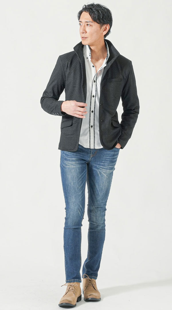 メンズにおすすめの細身テーパードデニムとジャケットで足が長く見えるスタイリング