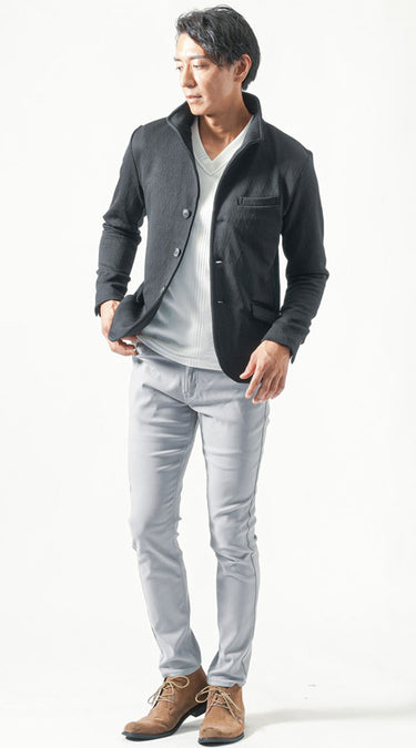 大人の男性にふさわしいきちんと感のある立ち襟スタンドカラージャケットコーデ例