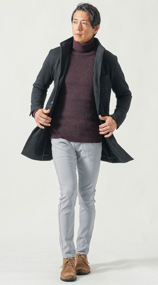 メンズにおすすめのロングコートとグレーパンツで足が長く見える冬コーデ