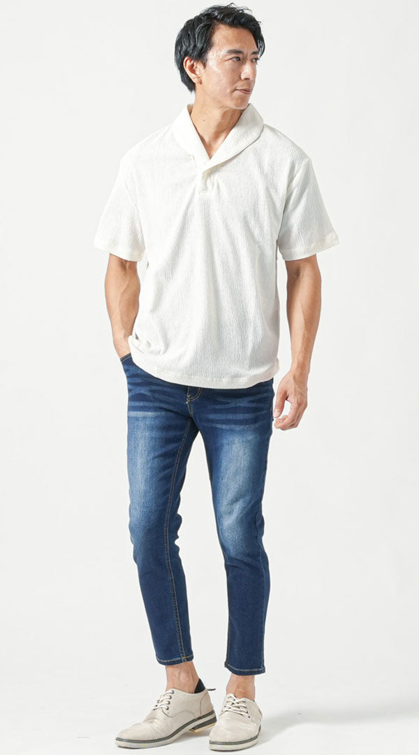 白半袖Tシャツ　ブルースキニーアンクルデニムパンツ　グレーシューズ メンズ コーデ 40代 50代 男性 人気 夏 に合う おすすめ 着こなし おしゃれ かっこいい