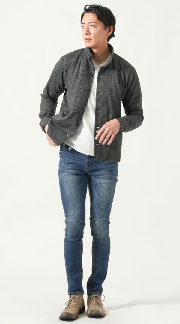 グレンチェックスタンドカラー長袖ジャケット　ネイビーテーパードストレッチデニムパンツ　ベージュブーツ　snp_pk1803