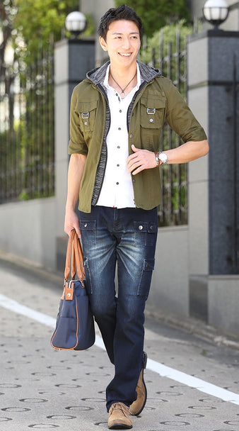 カーキ色コーディネート例