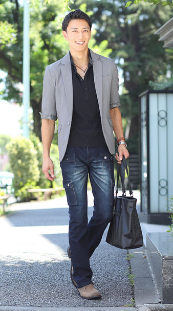 裏地ドットデザイン７分袖ポロシャツ