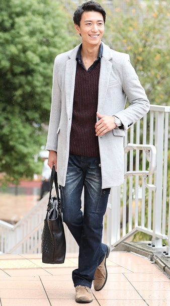 グレーコートメンズコーデ