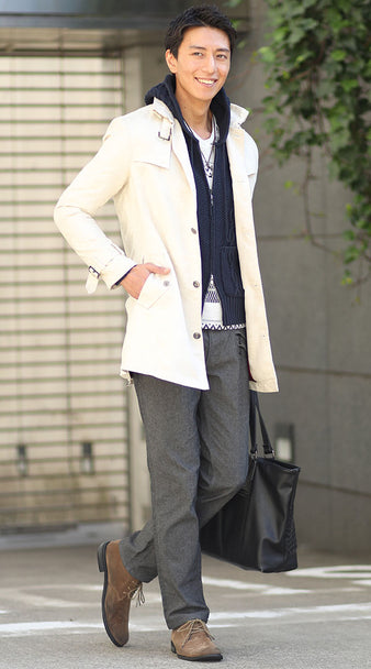 コート+パーカー重ね着メンズコーデ