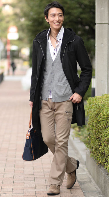 ノーカラーコート＋パーカー