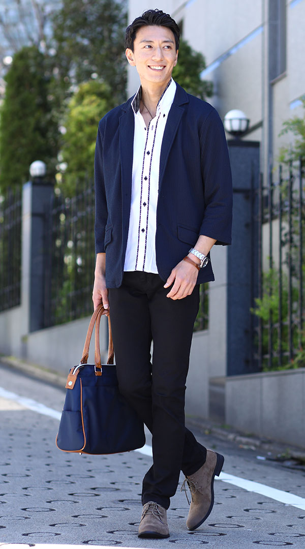 紺テーラードジャケット　白シャツ　黒パンツ　snp_zc0004
