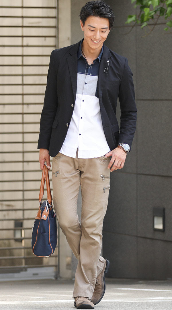 黒テーラードジャケット　紺×白シャツ　ベージュパンツ　snp_cg0502