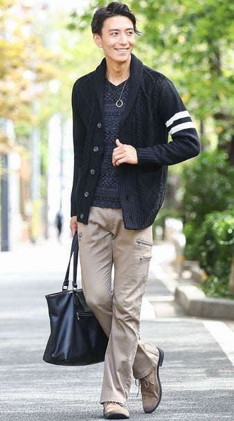 アラン編みショールカラーダブルラインカーディガン