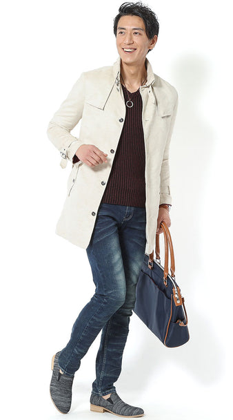 ワインカラーのぴったり細身リブニットコーデ