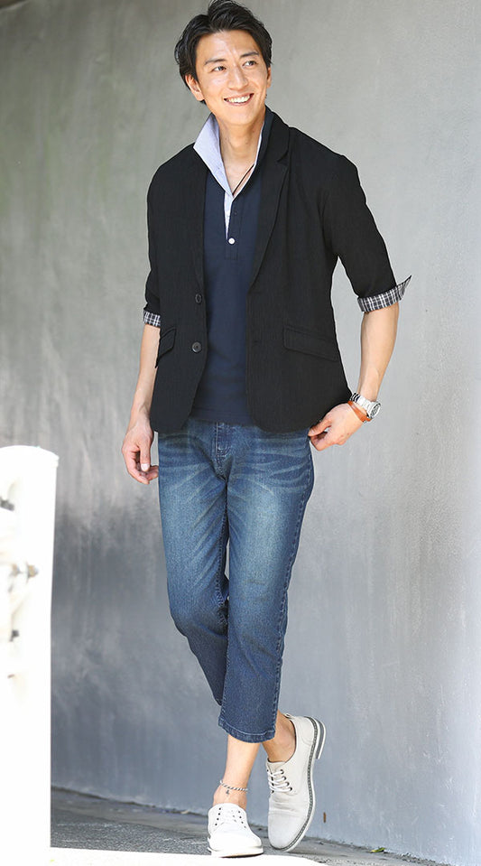 黒ジャケット　紺ポロシャツ　インディゴクロップドデニムパンツ　snp_ge1446