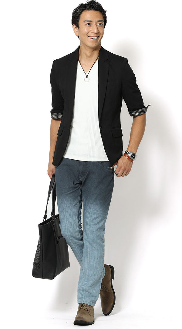 黒ジャケット　白Tシャツ　紺デニムパンツ　snp_hf1039