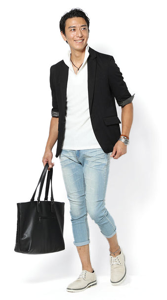 膨れジャガードワイヤー入りイタリアンカラー７分袖ポロ