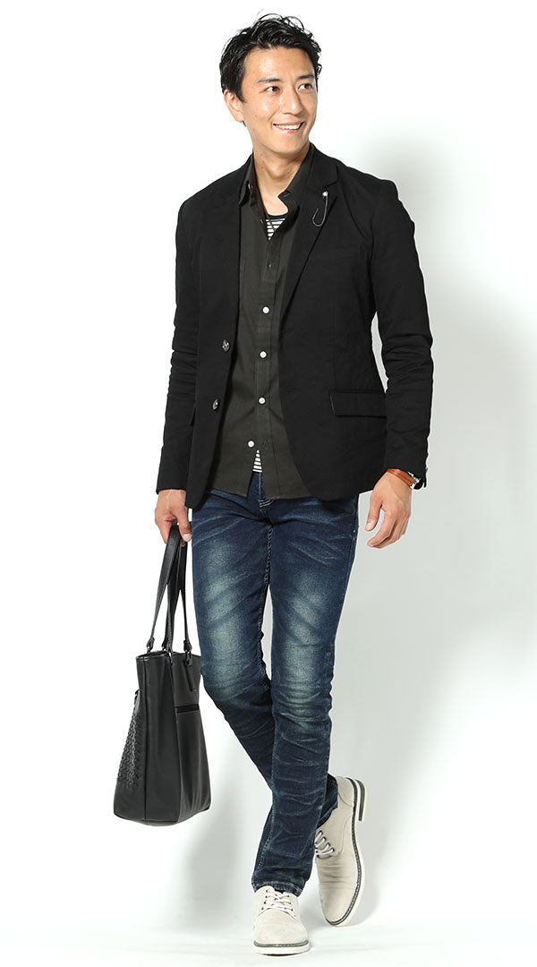 黒テーラードジャケット　カーキシャツ　ボーダーTシャツ　ダークブルーデニムパンツ　snp_hp0550