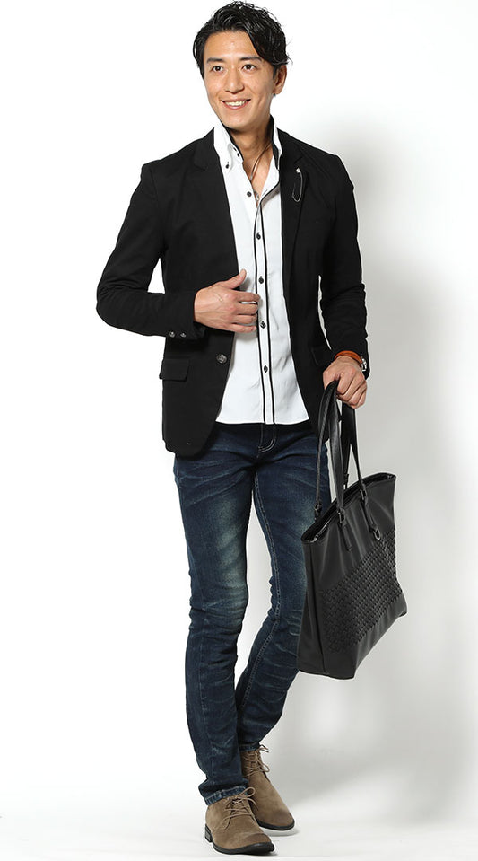 黒テーラードジャケット　白×黒シャツ　ダークブルーデニムパンツ　snp_hr0514