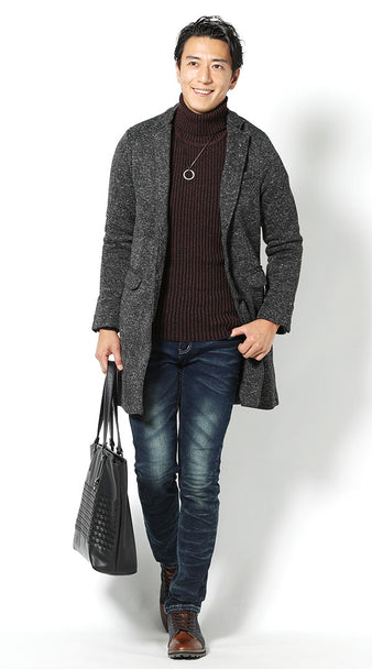 ワインカラーのぴったり細身リブニットコーデ