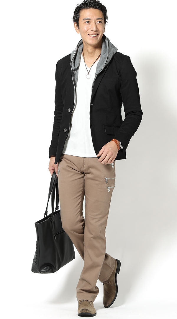 黒テーラードジャケット　グレーパーカー　白Tシャツ　ベージュパンツ　snp_hw0255