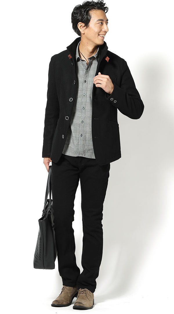 黒コート　グレンチェックシャツ　黒パンツ　snp_hw1097