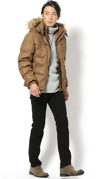 グレーのぴったり細身リブニットコーデ