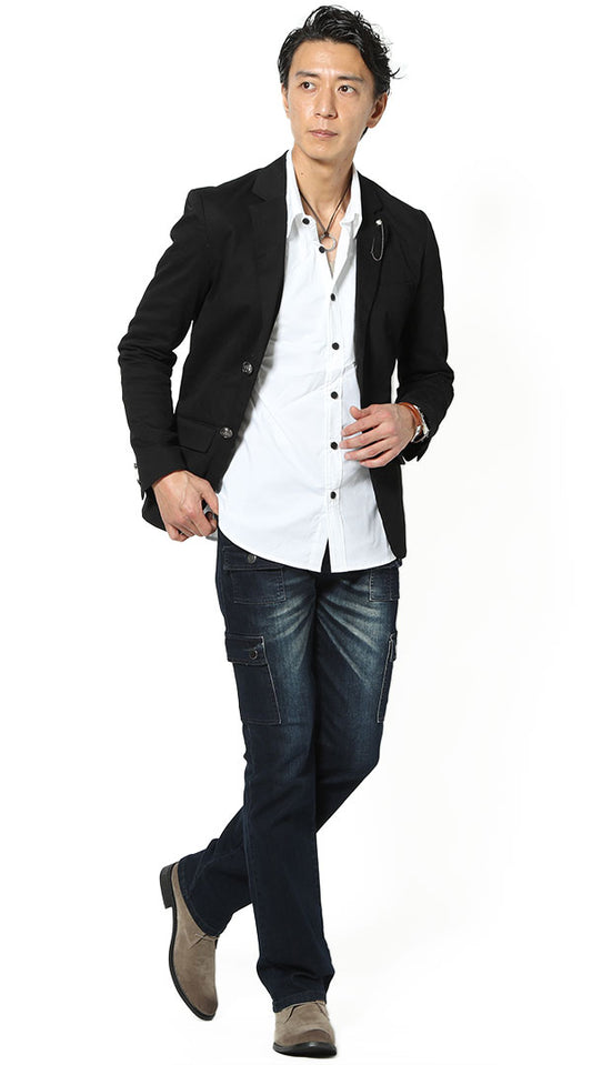 黒テーラードジャケット　白長袖シャツ　デニムカーゴパンツ　snp_im1049