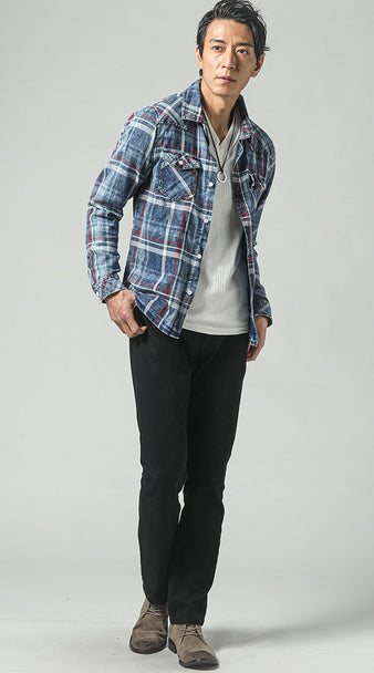 春服 トップス メンズ チェックシャツ 黒パンツ