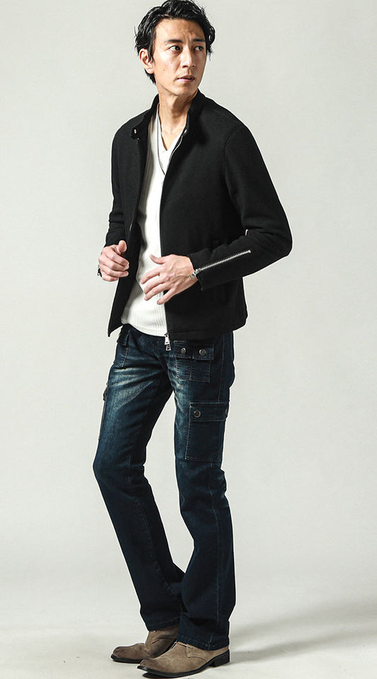 黒ジャケット　白Tシャツ　デニムカーゴパンツ　snp_iw1784