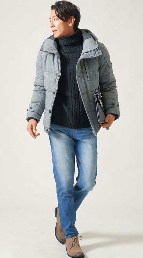 メンズのフード付き中綿ジャケットを使ったカジュアルな冬コーデ