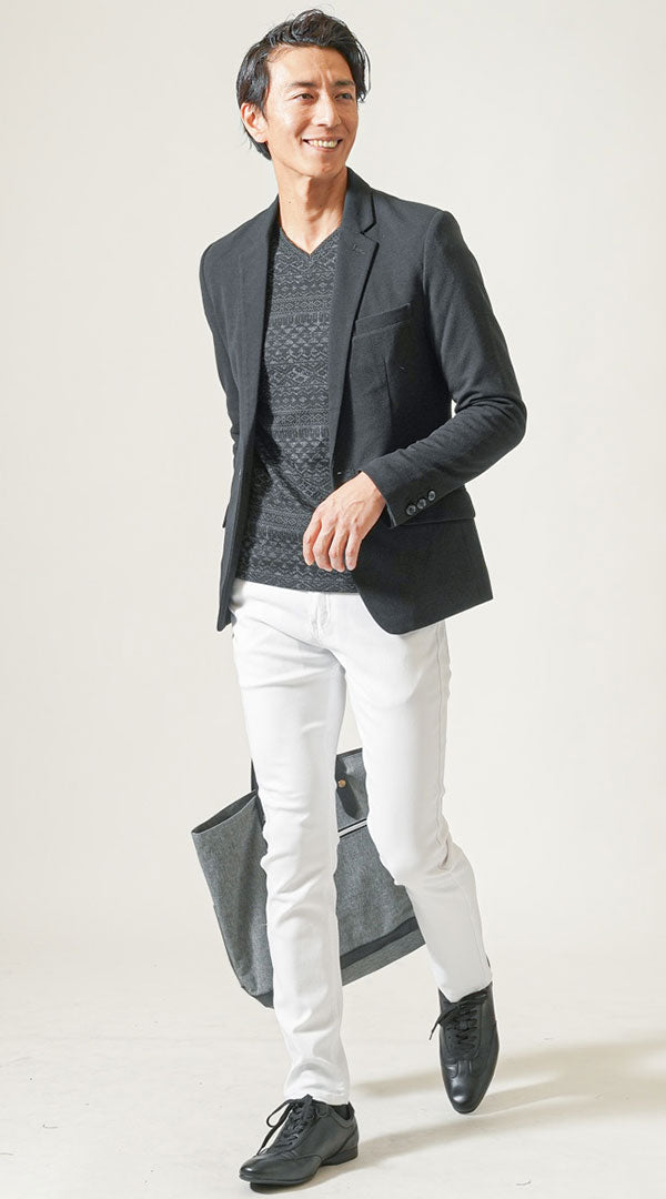 40代メンズ冬服全身3点コーデセット　黒テーラードジャケット×黒ジャガードVネックTシャツ×白テーパードパンツ
