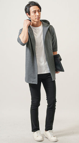 メンズにおすすめの春コーデでお腹まわりをカバーできる五分袖パーカースタイル