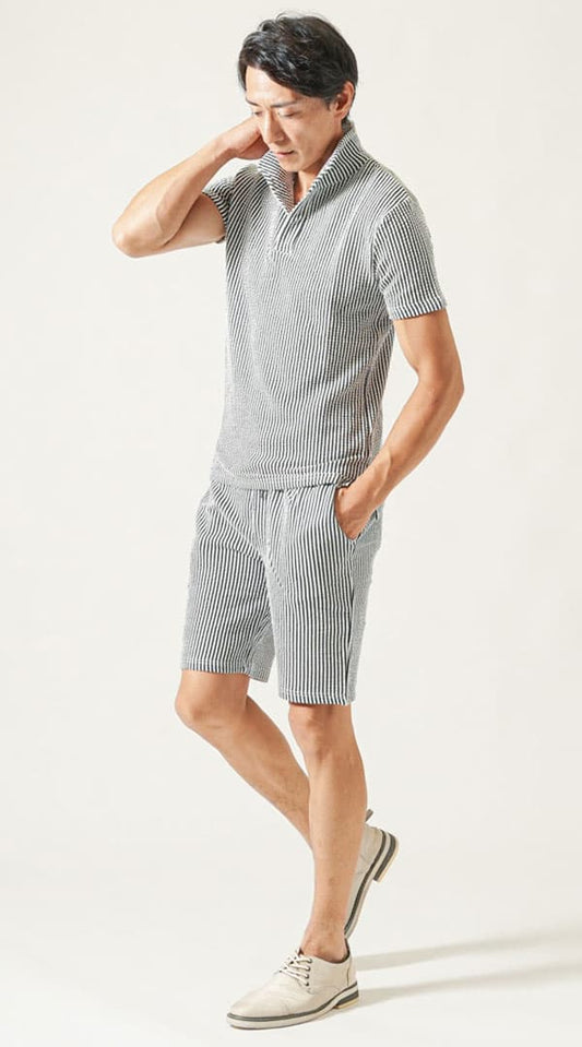 グレー半袖襟ワイヤー入りスキッパーポロシャツ　グレーハーフパンツ　グレーシューズ　snp_px0226