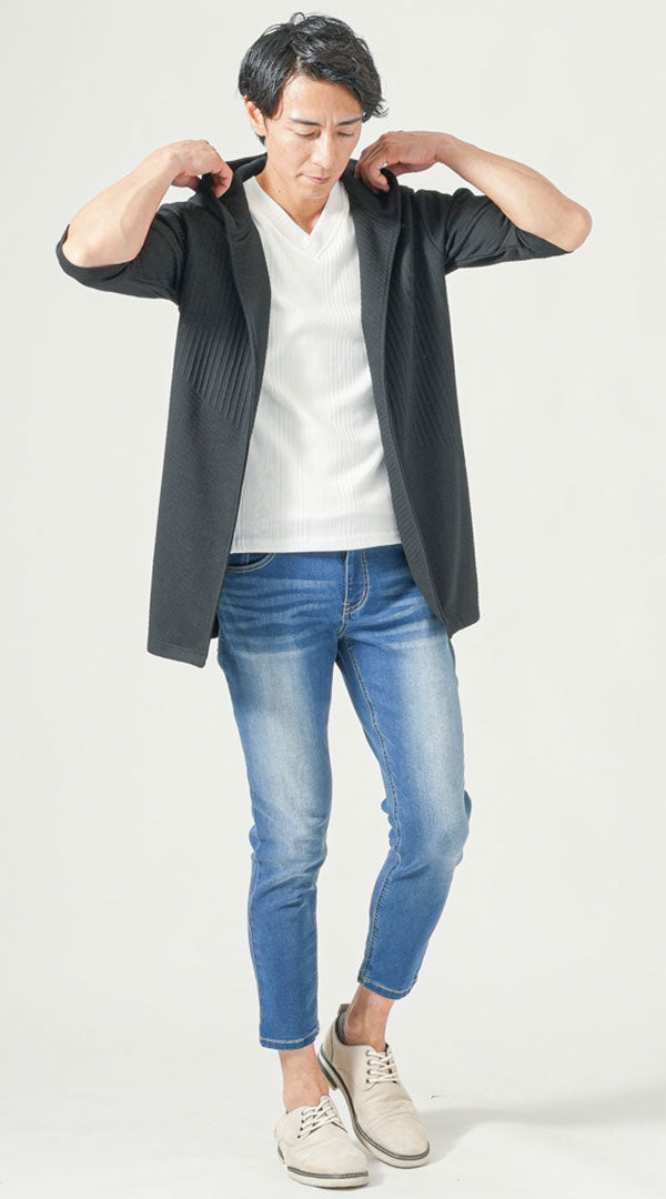 メンズ夏服トップス3点コーデセット　黒7分袖ロングパーカー×白半袖Tシャツ×杢黒半袖Tシャツ