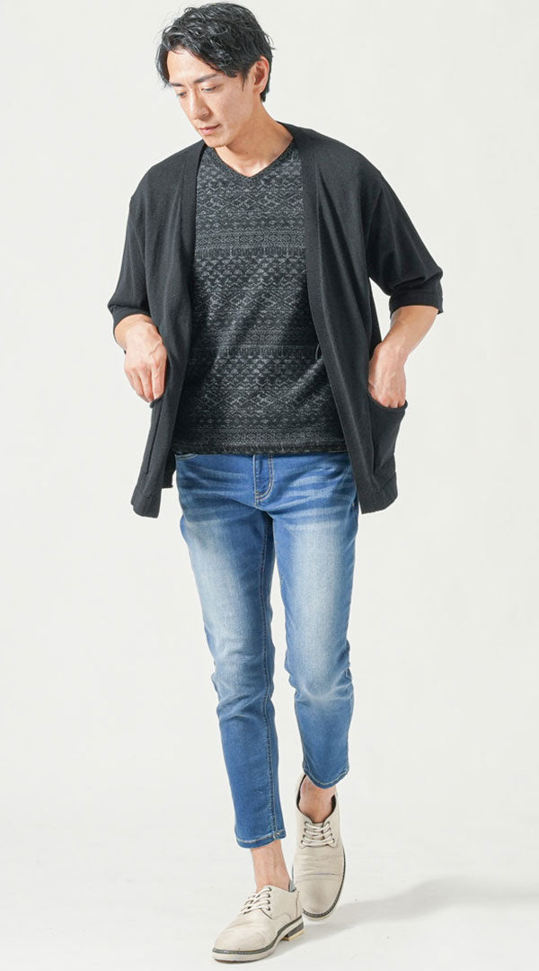 メンズ夏服トップス3点コーデセット　黒5分袖カーディガン×黒半袖Tシャツ×白半袖Tシャツ